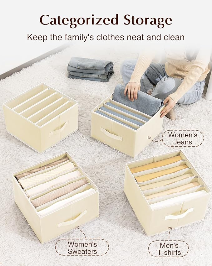 Clothes Organizers and Storage - Fabric Jeans Organizer with Handles, Foldable Drawer Dividers for Clothes, Closet Shelf Organizer for Shirts, Bra, Sweater, Scarf, 4 Pack, Pale Yellow