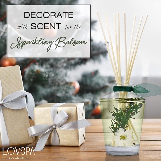 LOVSPA Sparkling Balsam Pine Reed Diffuser Oil Set – Christmas Tree Fir Needles and Birch Wood Scent with Real Botanicals - Elegant Glass Bottle - Christmas Holiday Decor - Made in The USA