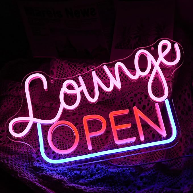 Dimmable Lounge Open Neon Sign Led Lounge Neon Lights for Wall Decor Cool Letter LED Sign Business Light Up Signs for Bar Store Hotel Party Decoration(16.7’’X10.4’’)