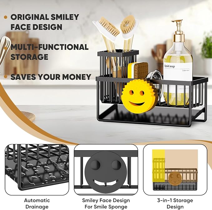 Sponge Holder for Kitchen Sink,Smiley Face Sink Caddy with Removable Brush Holder,Self-Draining Sponge Caddy for Steel Wool Scrubber,Soap,Dish Brush,Scrubber,Kitchen Essentials and Gadgets