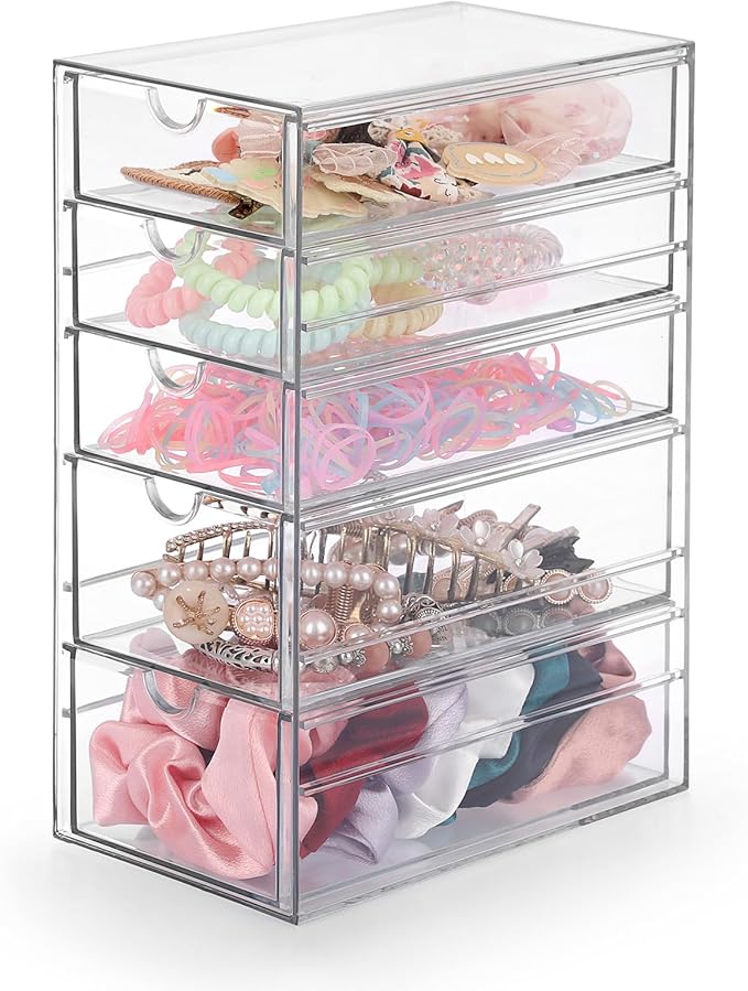 Hipiwe 5-Drawers Plastic Storage Organizer, Clear Hair Accessories Organizer with Large Capacity for Bathroom, Dresser, Cosmetic Hair Tie Container for Girls Women