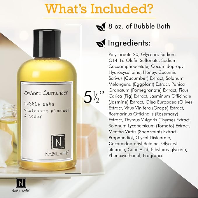 Sweet Surrender Bubble Bath with Almond & Honey Scent by Nabila K - Essential Oils with Natural Ingredients for Sensitive Skin, Tear-Free, Gentle, Moisturizing - Luxury for Women & Men, 8 oz