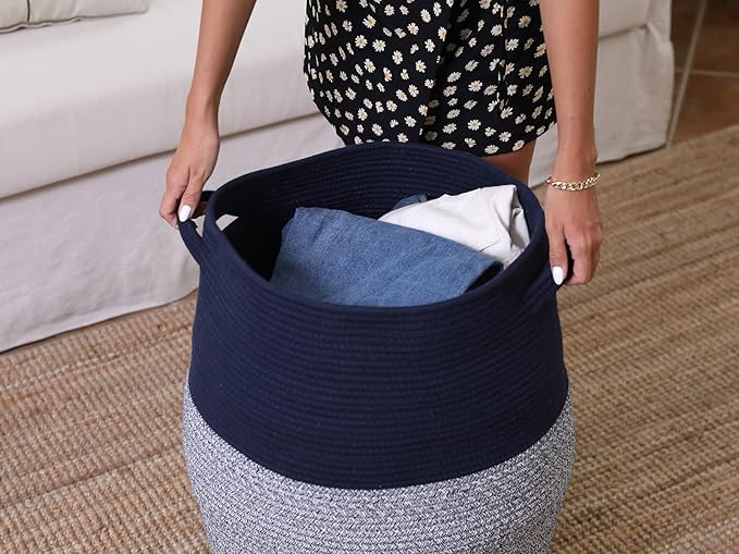 26" x 20" Tall Extra Large Storage Basket with Lid, Cotton Rope Storage Baskets, Woven Laundry Hamper with Cover, Cloth Storage Bin, for Clothes Towels in Living Room, Dark Blue Mix