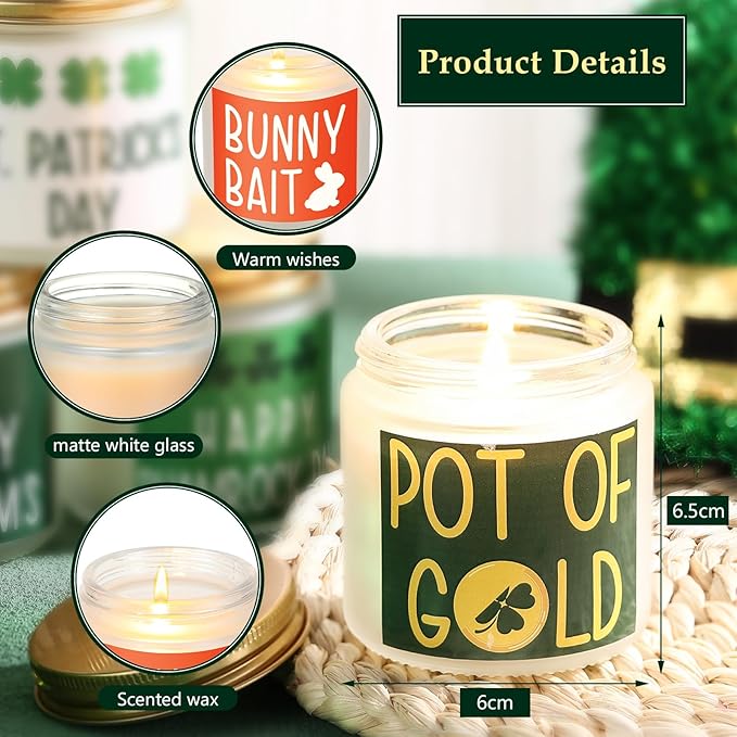8 Pcs St. Patrick's Day Scented Candle Jars Scented Soy Candle Lucky Shamrock Lasting Candles Clover Candles Gifts Aromatherapy Candles for Women Home Birthday Gifts