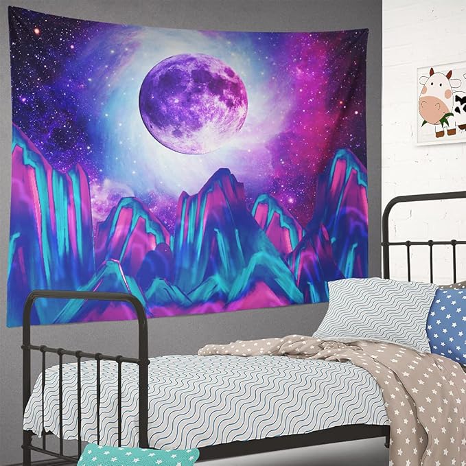 Trippy Psychedelic Tapestry Mountain Moon Galaxy Star Night Sky Universe Space Blue Starry Sky Wall Hanging Clouds Tree Aesthetic Wall Art for Bedroom Teen Girl Living Room 60x80
