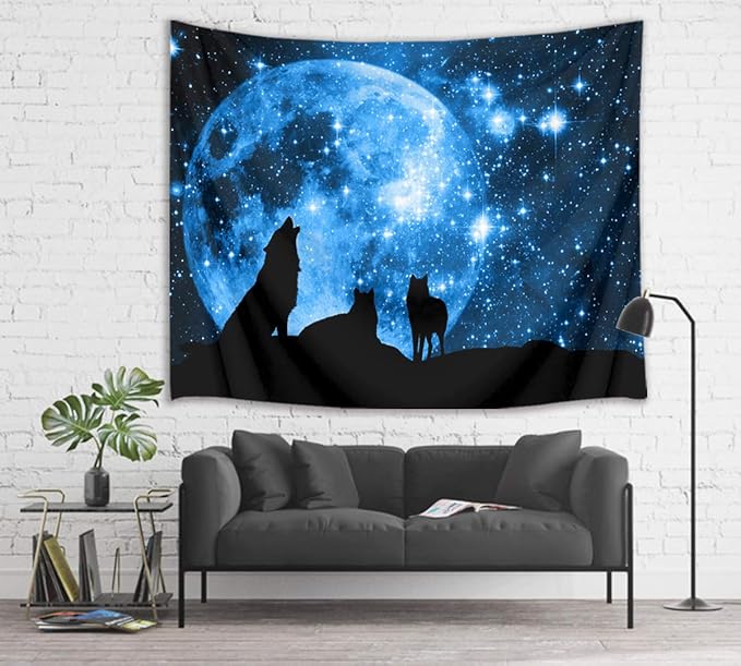 HVEST Wolf Tapestry Wolves on Mountain Wall Hanging Full Moon in Starry Sky Tapestries for Kids Bedroom Living Room Dorm Party Wall Decor,59Wx51H inches