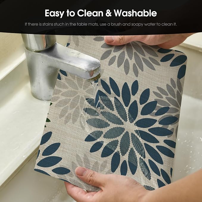 Artoid Mode Floral Vinyl Placemats Set of 4, Heat Resistant Washable Non-Slip Plastic PVC Place Mats for Party Kitchen Dining Decor, Blue Grey