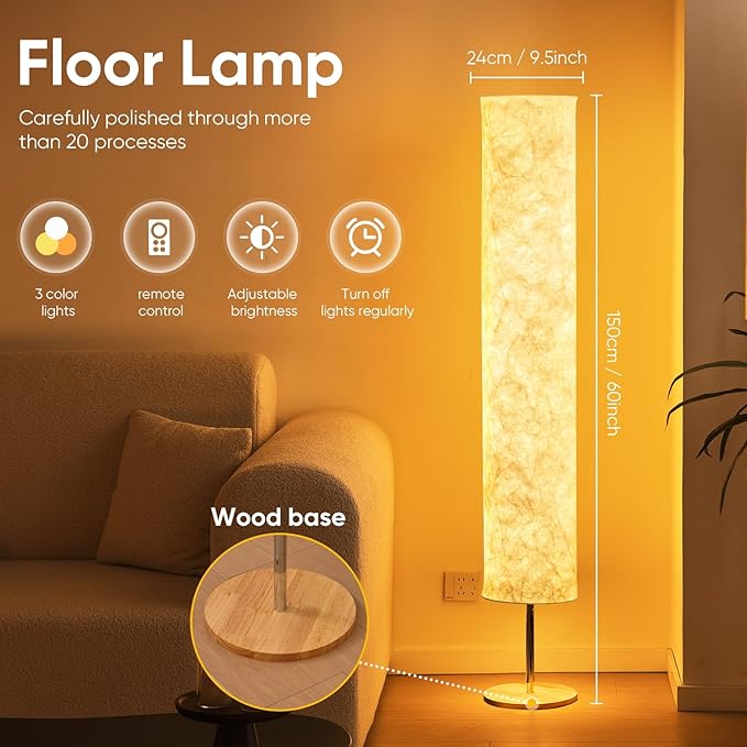LED Soft Light Floor Lamp, 52" Simple Design Morden Slim RGB 16 Color Changing Tyvek Fabric Shade Dimmable Remote Control & 2 Smart LED Bulbs Standing Lamp for Living Room Bedroom Game Room