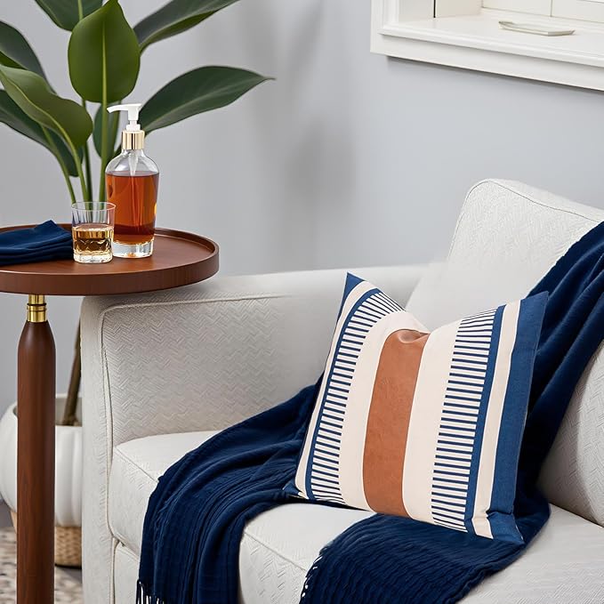 Farmhouse Stripe Pillow Cover 18x18 Boho Accent Cushion Case Faux Leather Decorative Pillowcase,Navy Blue and Beige (Cover ONLY, Pack of 1)