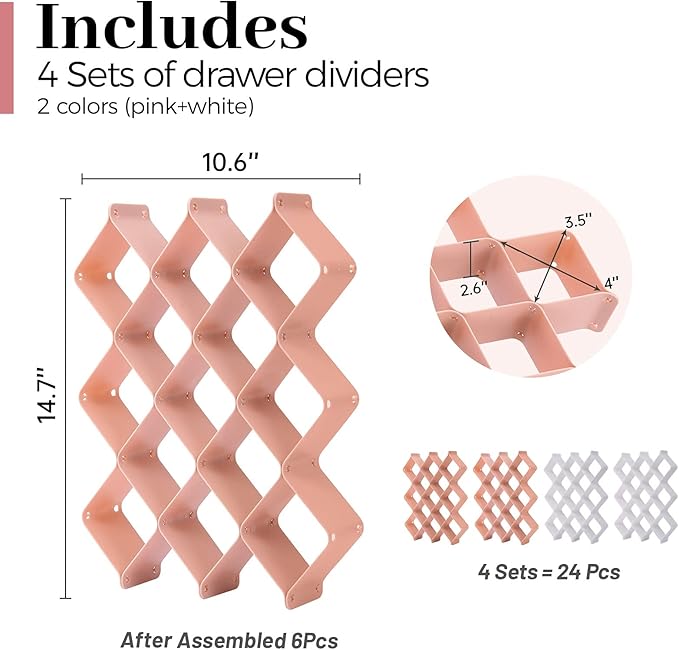 ROUFA Sock Drawer Organizer for Dresser, Honeycomb Underwear Dividers for Women, Panty Separator for Belts, Ties, Small Clothing(12pcs of Pink + 12pcs of White)