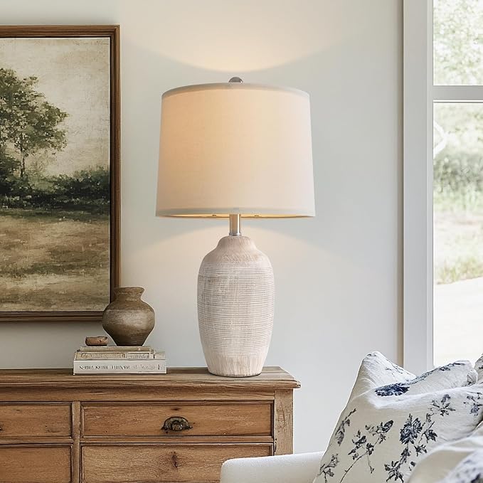 24.5" Vintage Ceramic Pot Table Lamp, Farmhouse Rustic Lamp for Living Room,Single Bedside Lamp for Bedroom, End Tables and Nightstand