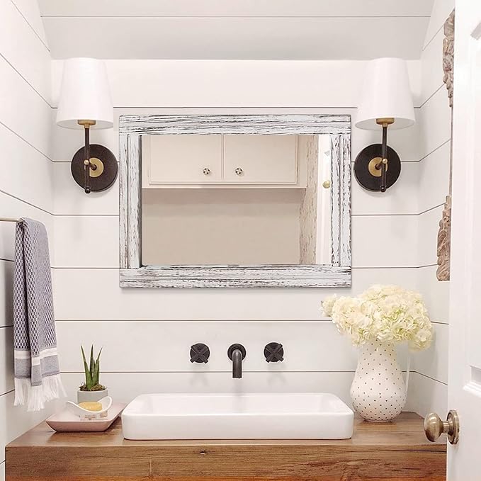 AAZZKANG Large Wall Mirrors with Rustic Wood Framed 28"x20" Rectangle Decorative Hanging Mirror for Farmhouse Bedroom Bathroom Living Room Entryway