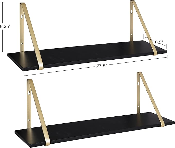 Kate and Laurel Soloman Black Wooden Shelves with Gold Metal Brackets, 2 Piece Set