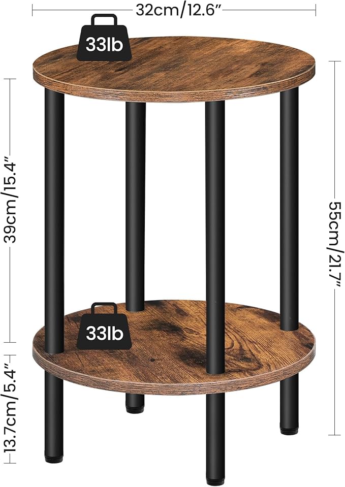 Round Side Table, 2-Tier End Table, Small Round Nightstand with Sturdy Metal Tube, Industrial Circular Coffee Table, for Living Room, Bedroom, Rustic Brown and Black TBZ01BF