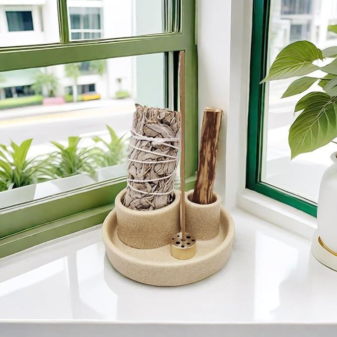 4 in 1 Incense Holder, Ceramic Incense Stick and Palo Santo Holder,Sage Holder for Burning- 4.25" Ceramic Ash Catcher Tray for Meditation and Yoga Room (Sand) 1