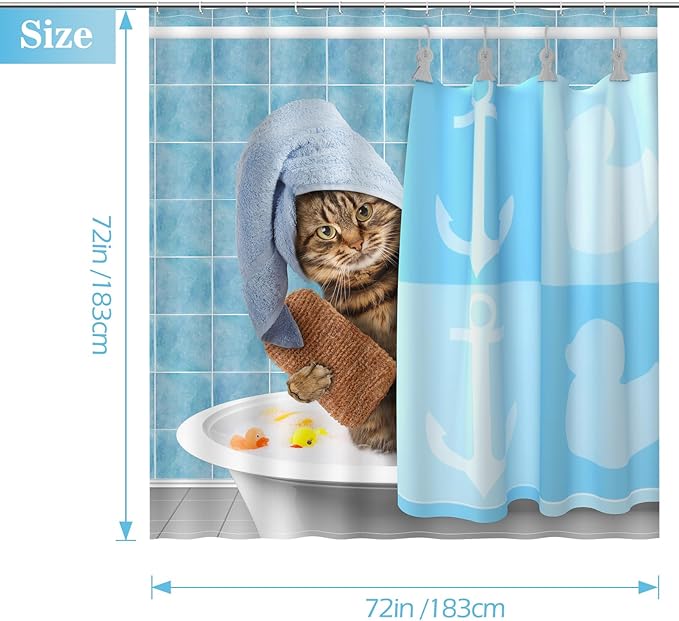 Funny Cat Shower Curtains for Bathroom - Bathing Cat Cute Kitten Taking Shower with Rubber Ducks Fun Shower Curtain Set with 12 Hooks for Adults Kids Bathroom Decor Accessories, 72"x72"