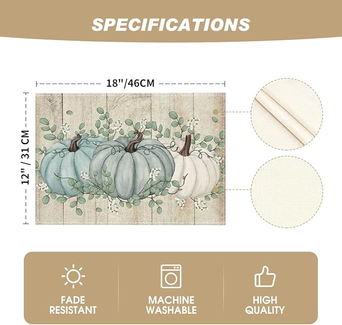 Artoid Mode Wood Pumpkins Harvest Vintage Fall Placemats Set of 4, 12x18 Inch Eucalyptus Leaves Autumn Thanksgiving Table Mat for Party Dining Decoration