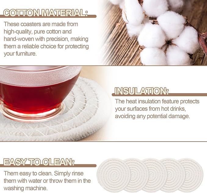 Vivinin 10 Psc Cotton Absorbent Boho Coasters for Drinks, Woven Cup Set, Beige, 4.3inch - Room Decor, Bar, Housewarming Gift