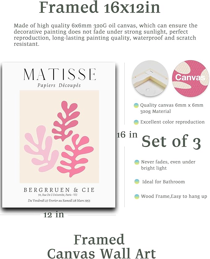 HesenDot Framed Matisse Pink Wall Art Set of 3,Minimalist Wall Decor,12x16IN Canvas Prints,Boho Cute Art Poster Home Decoration for Bathroom Bedroom