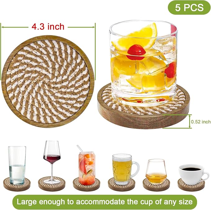 5 Pack Coasters for Drinks Absorbent, 4.3 inches Woven Coasters for Coffee Tables, Wooden Drink Coasters for Table Protection, Reusable Drink Coasters for Kitchen, Farmhouse, Bar, Office, Brown