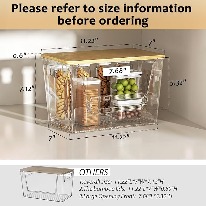 Delamu 2 Set Pantry organizers and Storage,kitchen organizers and storage with Bamboo Top,Stackable Garbage Bag Organizer for 4-30 Gal Bags,Onion,Potato,Fruits,Clear(11.22" L *7" W*7.12" H)