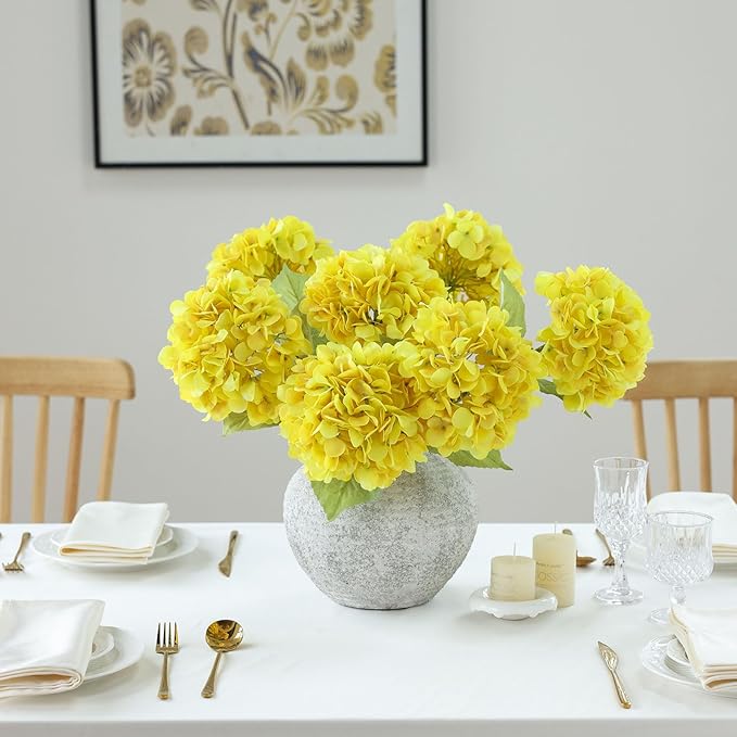 mizii 4Pcs Yellow Artificial Hydrangea Flowers Large Fake Silk Hydrangea Flower with Leaves Stems Realistic Faux Hydrangeas Decorations for Wedding Table Centerpieces Vase Home Decor (Yellow)