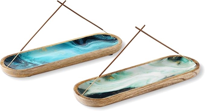 Folkulture Incense Holder or Incense Burner, Incense Holder for Sticks or Wooden Incense Tray for Sticks, Modern Insence-Stick Holder, Ash Catcher, Mango Wood, Set of 2, Blue and Green Agate