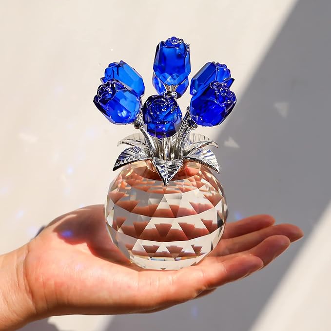 Blue Rose Flower Crystal Figurine with Vase, Bouquet Flowers Ornament Gifts for Wife Girlfriend Women , Handmade Crystal Flower Collectible Home Table Decor for Valentine's Day Wedding Anniversary