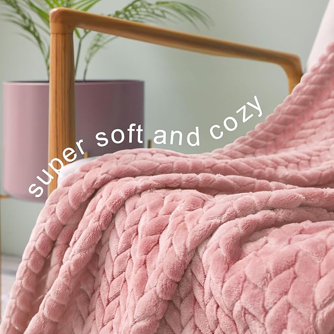 Exclusivo Mezcla Pink Fleece Queen Size Blanket for Bed, 90x90 Inches Soft Cozy Jacquard Flannel Blankets, Lightweight Fuzzy Plush Warm for All Seasons