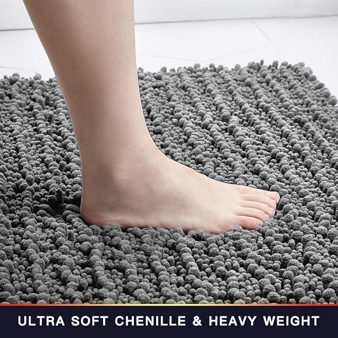 Walensee Bathroom Rug Non Slip Bath Mat (24x17 Inch Grey) Water Absorbent Super Soft Shaggy Chenille Machine Washable Dry Extra Thick Perfect Absorbant Best Small Plush Carpet for Shower Floor