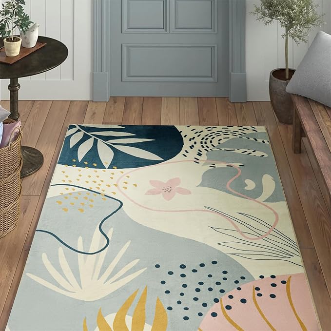 RoomTalks Mid Century Modern Washable Rug, Boho Cute Aesthetic 5x7 Area Rugs for Bedroom Dining Living Room Kitchen Nursery, Blue Abstract Tropical Leaves Thin Indoor Entryway Rug Accent Carpet