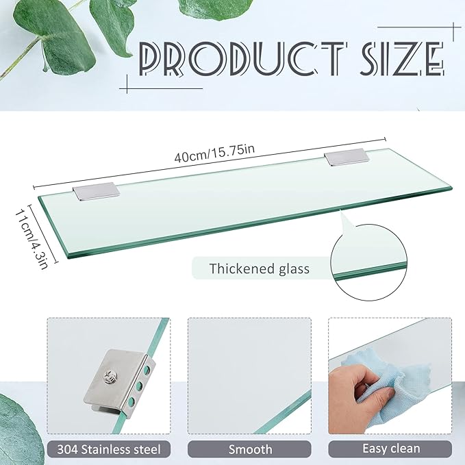 Tatuo 2 Pieces Bathroom Shelf Tempered Glass Shelf for Bathroom, 304 Stainless Steel Wall Mount Floating Glass Shelves (15.8 Inch)