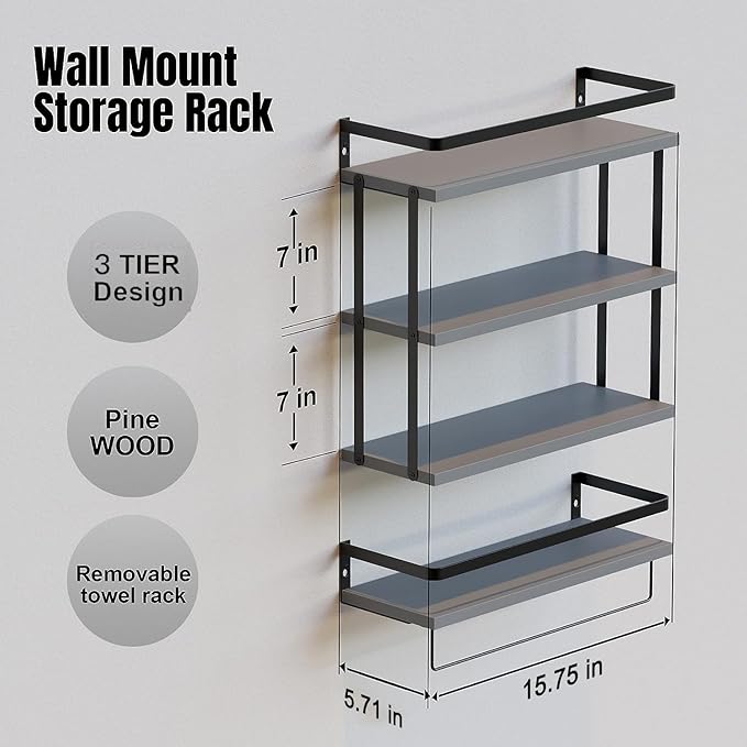 RICHER HOUSE 3+1 Tier Wall Mounted Floating Shelves Set of 2, Rustic Wood Wall Shelf with Metal Frame, Extra Storage Rack for Bathroom, Kitchen, Bedroom with Tissue Rack & Towel Bar - Grey