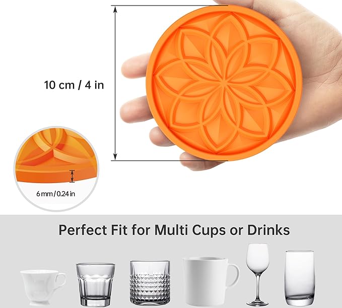 HFHOME Silicone Coasters Set with Holder - 6 Pack Drink Coasters for Coffee Table, Bar Tabletop Protection - Orange