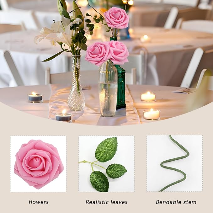 Artificial Flowers Dark Pink Roses 100PCS Real Looking Foam Fake Roses with Leaves and for DIY Wedding Bouquets Bridal Shower Centerpieces Party Decorations (Dark Pink, 100)