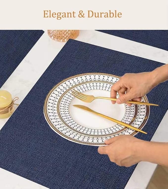 DACHUI Placemats Set of 4, Linen Look Woven Place Mats, Water Resistant, Heat Resistant, Washable, Durable Table Mats (Navy Blue)