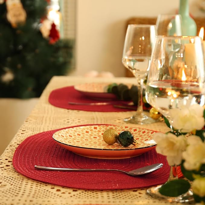 Noctiflorous Oval Braided Placemats Set of 6 Woven 12x18 Inch Non Slip Washable Heat Resistant Place Mats Round Tablemats for Dining Kitchen Party Daily Table Decor Dinner Mats (09 Red, 6)