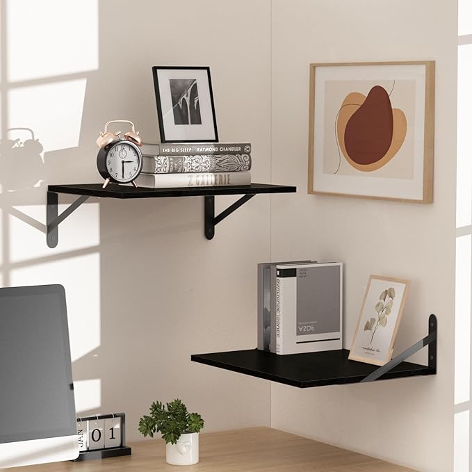 Black Deep Floating Shelves for Wall, 16" W x 12" D Wood Wall Shelf Set of 2, Bookshelf Wall Mounted Hanging Shelves for Living Room, Kitchen, Office, Bathroom and Bedroom Decor