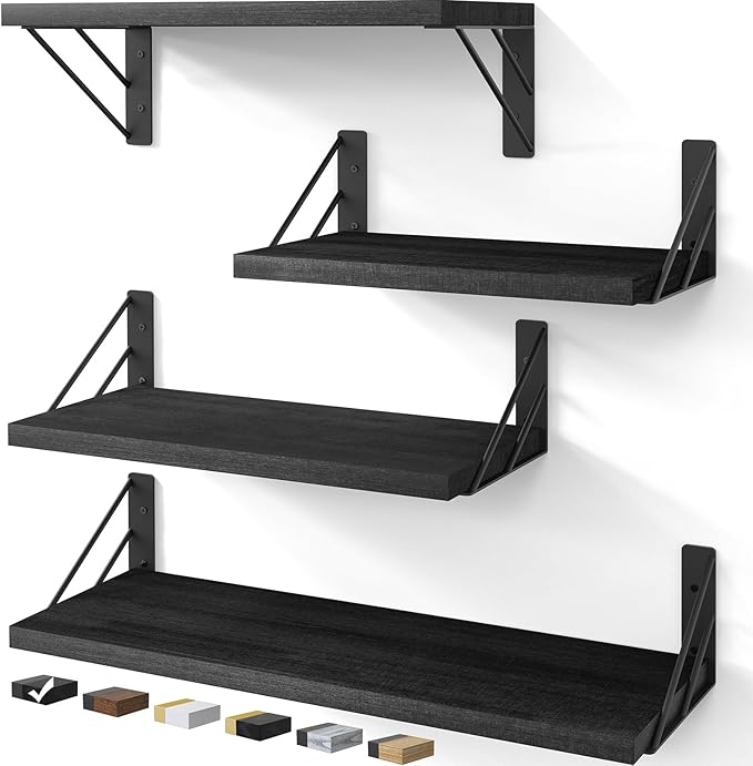BAYKA Wall Shelves for Bedroom Decor, Floating Shelves for Wall Storage, Display Mounted Rustic Wood Shelf for Books,Plants,Corner Shelves for Bathroom,Kitchen,Living Room(Set of 4)