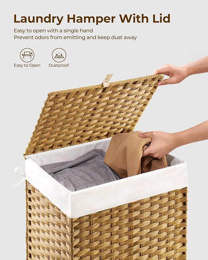 GREENSTELL Laundry Hamper with Lid, 90L Clothes Hamper with 2 Removable Liner Bags & 2 Mesh Laundry Bags, Handwoven Synthetic Rattan Laundry Basket for Clothes, Toys in Bathroom, Bedroom Natural