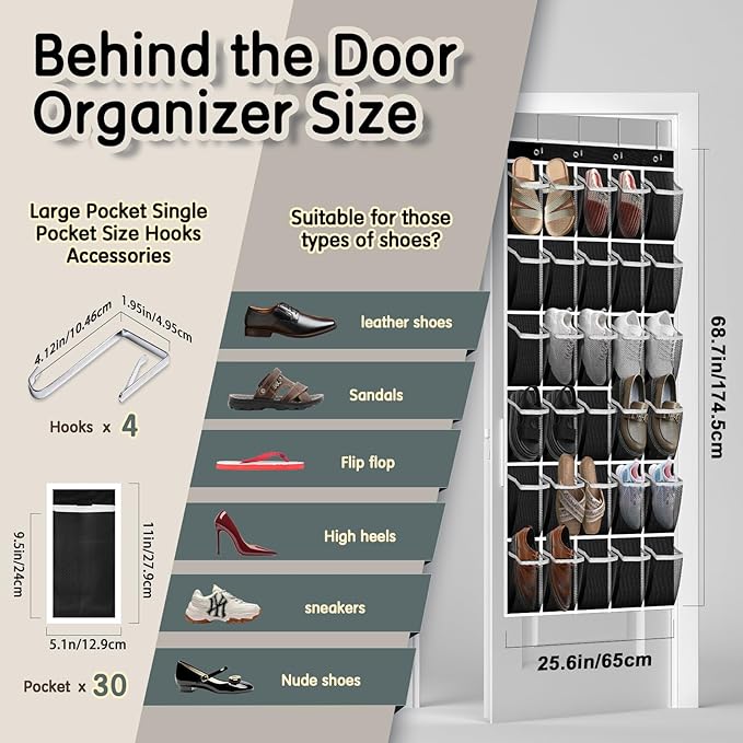 Over the Door Shoe Organizer with 30 Breathable Mesh Pockets - Large Capacity Closet Storage for Men & Women, Hanging Shoe Rack Organizer -Black