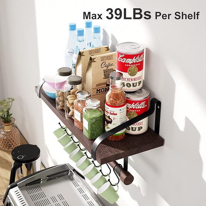 Love-KANKEI Floating Shelves for Coffee Bar, 17.3 Inch Bathroom Shelves Set of 2 with Wood Bar, 8 Hooks for Kitchen, Bedroom,Living Room, Dark Walnut