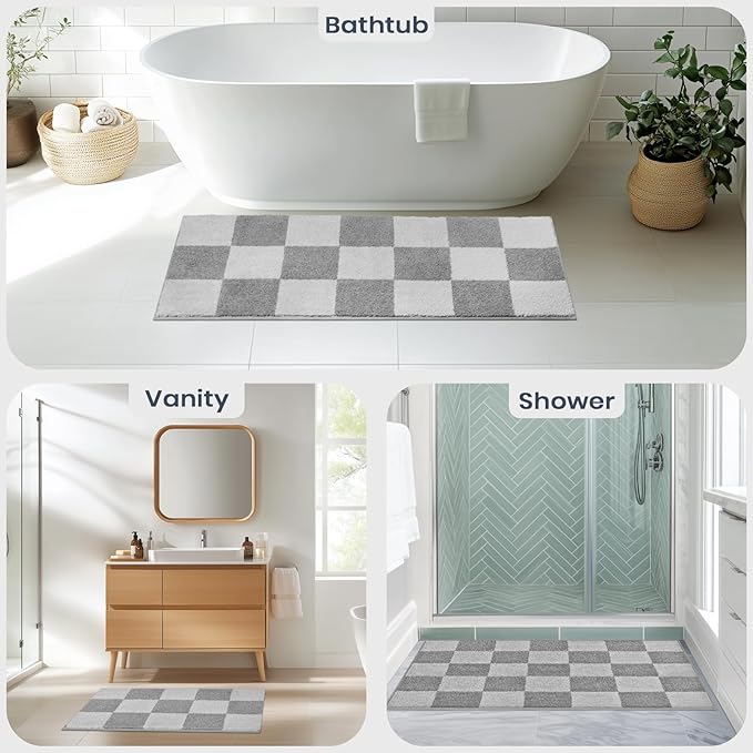 PURRUGS Bathroom Rug Non-Slip Machine Washable 24" x 36", Super Absorbent and Quick-Dry Bath Mat, Extra Soft and Plush Bath Rug for Shower, Bathtub and Sink, Light Grey & Grey
