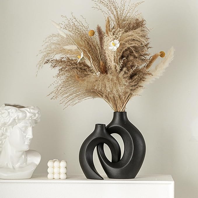 Black Hollow Ceramic Vase Set of 2, Snuggle Round Boho Donut Modern Vase Nordic Minimalist Decorative Vase for Modern Trendy Home Table Centerpiece Decor (W 6.3" X H 8")