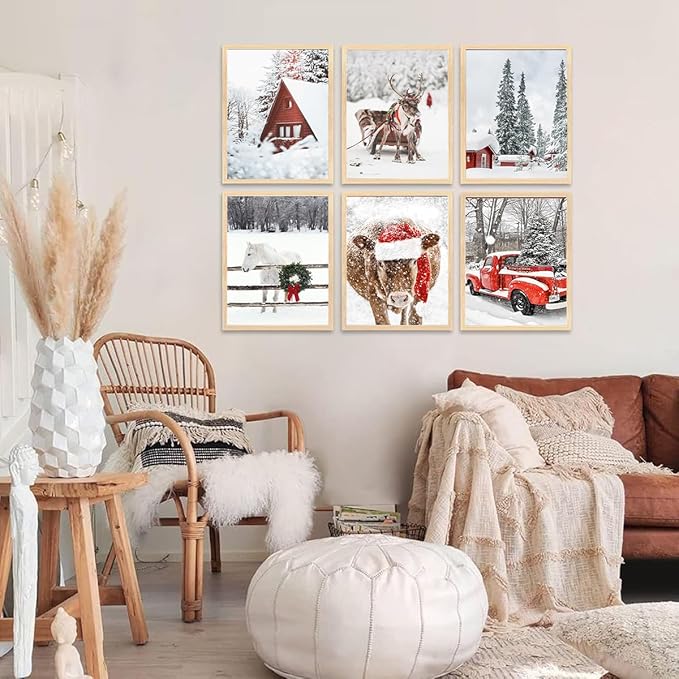 Quzenu Christmas Wall Art Elk Horse Bull Christmas Wall Decor Canvas Prints For Living Room Decor Scandinavian Natural Posters Reindeer Pine Forest Farmhouse Wall Decor
