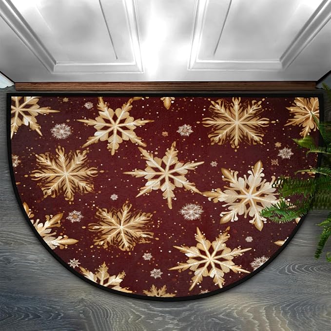 Half Round Doormat Indoor Entrance Mat Bathroom Carpet Absorbent Floor Mat Kitchen Mat for Home Front Door Bedroom Living Room Christmas Decorative Rug Winter Snowflakes
