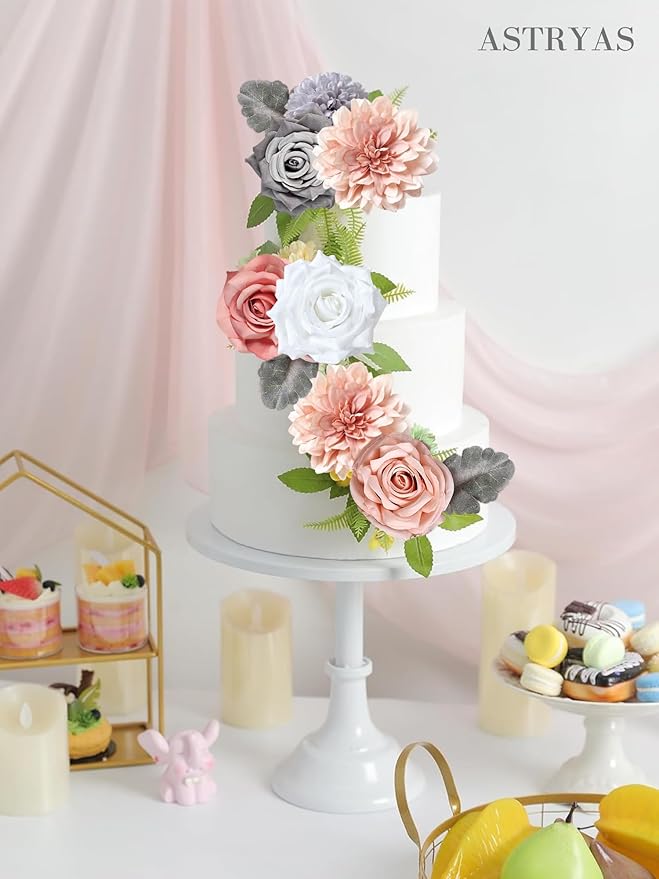 ASTRYAS Artificial Flowers Combo Box Set, Pink Mix Silk Flowers Dahlia Roses with Stems for DIY Wedding Bouquets Centerpieces Arrangements Party Bridal Baby Shower Home Decorations, Gray & Pink