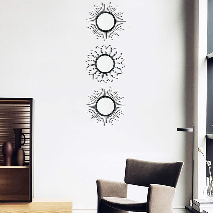 3 Pack Metal Mirrors for Wall Sunburst Wall Mirrors Home Décor Decorative Hanging Wall Art for Living Room Bedroom Entryway (Black, Flower+Sunburst)