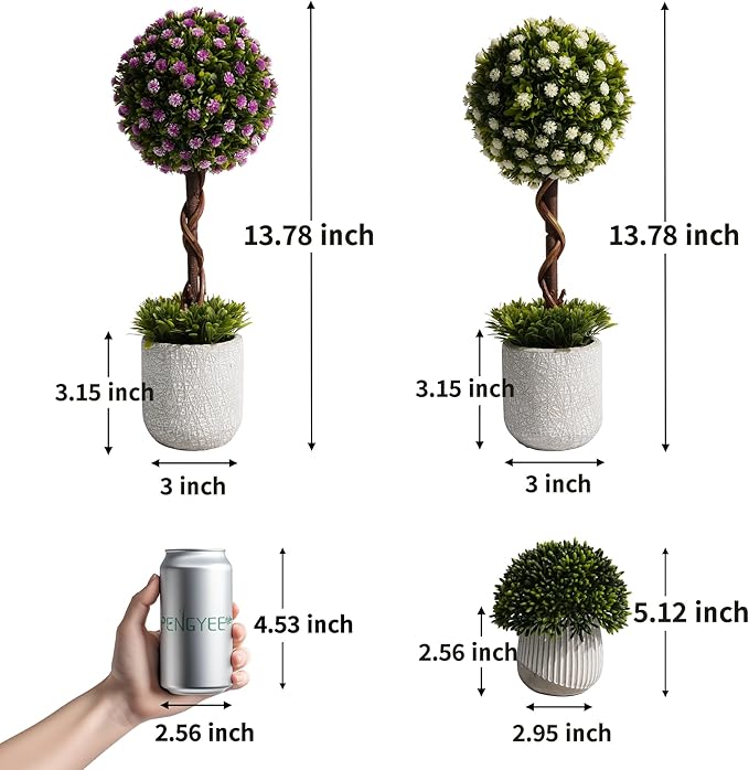 3 Pack Fake Plants 14.57 Inch, Small Artificial Topiary Trees Potted in Cement Planter, Small Artificial Plants Indoor/Outdoor for Home Kitchen Bathroom Bedroom Room Decor - White Purple - Flowers