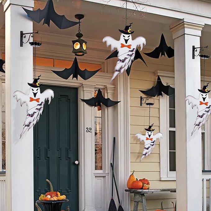 ILLUMINEW Solar Halloween Metal Hanging Decorations Outdoor, Solar Powered Lighted Metal Ghost for Halloween Outdoor Tree, Wall, Porch, Patio Decor (Ghost)